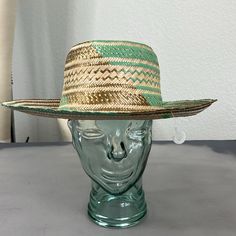 Handmade Mint Accents Wide Brim Structured Bohemian Spring Straw Hat, Tan Straw Hat For Summer Vacation, Tan Panama Hat For Summer Beach, Summer Tan Panama Hat For The Beach, Tan Summer Panama Hat For Beach, Summer Beach Panama Hat In Tan, Summer Beach Tan Panama Hat, Green Straw Sun Hat With Short Brim, Bohemian Green Sun Hat With Short Brim