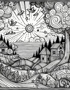 a black and white drawing of a landscape with houses, trees and birds in the sky