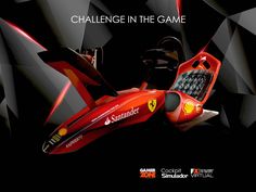 an advertisement for the ferrari challenge in the game, featuring a futuristic race car and steering wheel