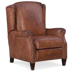 a brown leather chair with studding on the armrests and foot rests against a white background