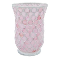 a glass vase with pink and white designs on the inside, sitting in front of a white background