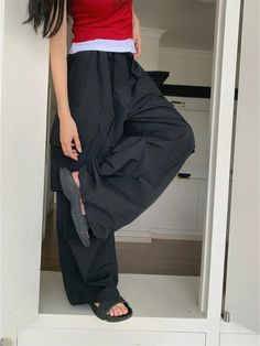 LIZAKOSHT - Casual Pants Women Loose Summer Pockets Wide Leg All Match Fashion 2024 Sports Mujer Slim New Solid Streetwear Black Wide Leg Sportswear Pants, Black Wide-leg Activewear With Loose Fit, Black Wide-leg Parachute Pants For Streetwear, Black Wide-leg Sweatpants With Pockets, Casual Pants Women, Black Wide-leg Parachute Pants With Functional Pockets, Sleepwear Robe, Pants Women, Fashion 2024