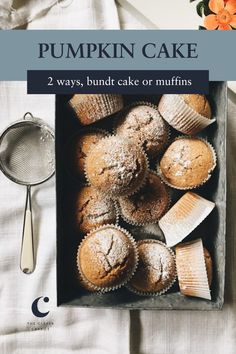 pumpkin cake muffins in a box with the title overlay reads, pumpkin cake 2 ways, build cake or muffins