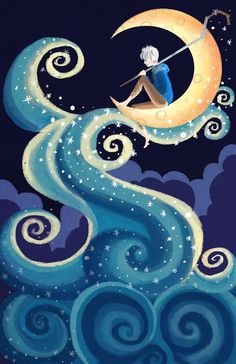 a painting of a man sitting on top of a crescent moon in the night sky