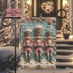 two christmas nutcrackers are standing in front of a house decorated with holiday lights