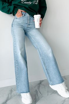 100% COTTON Brand: Jemina Denim Model Wearing Size 25 Color: Light Wash Hidden Button Fly 5-Pocket Wide Leg Raw Cut Hems Jeans Do Not Have Stretch 10.5“ High Rise 30.5“ Inseam For Model Size Specs Please Check Size Charts Launched: 9/10/24 Jeans Light Wash, Crop Top Casual, Flying Monkey Jeans, Denim Coat Jacket, Basic Dress, Work Tops, Short Mini Dress, Jeans Light, Basic Tops