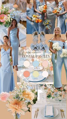 the bridesmaids are dressed in pastel blue dresses and matching bouquets for their wedding day