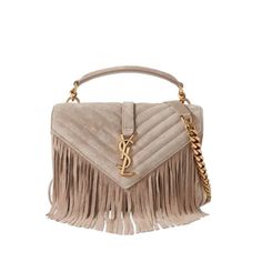 1:1 Replica Bags  Measurements: 24 cm / 9.4 inches  Gray suede.  Gold hardware and finished with long fringes. Ysl College, Chevron Stitch, College Bags, Gold Logo, Saint Laurent Bag, Womens Purses, Chain Bags, Net A Porter, Fashion Handbags