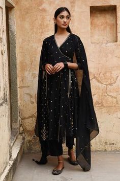 Shop for Deepthee Black Chanderi Embroidered Angrakha Set for Women Online at Aza Fashions Black Angrakha, Sheer Dupatta, Angrakha Style, Indian Dresses Traditional, A Line Kurta, Simple Pakistani Dresses, Sharara Set, Ethnic Dress, Pattern Embroidery