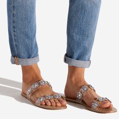 Flat Comfy Jeweled Sandals! Perfect For Any Occasion! Only 2 Sizes Left! Toe Loop Sandals For Spring Party, Spring Party Toe Loop Sandals, Summer Flat Clear Sandals, Jeweled Sandals, Shoe Dazzle, Women's Shoes Sandals, Shoes Flats, Shoes Sandals, Sandals