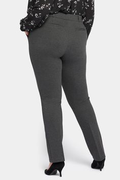 Timeless style meets advanced compression ponte in the Classic Trouser Pants in Plus Size by NYDJ. These sleek, sophisticated bottoms are a wardrobe hero you can wear from desk to dinner and beyond. Our signature Lift Tuck® Technology flattens and flatters using a proprietary slimming panel with a patented criss-cross design, while the sculpting fabric enhances the flawless fit. Features front slash pockets, back darts and faux welt pockets, belt loops, pressed leg creases and a zip fly with but Gray Stretch Pants For Business Casual, Stretch Gray Pants For Business Casual, Business Casual Elastane Leggings Trousers, Gray Stretch Dress Pants For Work, Stretch Gray Dress Pants For Work, Gray Stretch Pants For Office, Gray Stretch Straight Leg Dress Pants, Fitted Gray Elastane Leggings, Gray Stretch Pants For Workwear