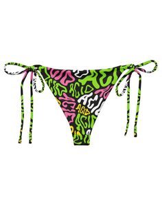 Elevate your rave style with One Stop Rave's exclusive Candy Acid Recycled String Bottoms! These mesmerizing bottoms boast a trippy print featuring the word "acid" melting in pink, green, white, and yellow hues against a bold black background. Made from soft recycled polyester with double-layering and UPF 50+ protection, these bottoms ensure both comfort and style all summer long. Join the sustainable fashion movement with these made-to-order string bottoms, reducing overproduction and making th Multicolor Tie-side Bottoms For Festival, Multicolor Stretch Rave Bottoms, Green Festival Swimwear With Tie-side Bottom, Fitted Graphic Print Rave Top, Rave Candy, Green Rave Swimwear, Trippy Alien, Lost Lands, Rave Style