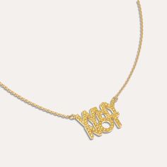 Design: Making a statement with the Slogan Series. Skillfully transforming slogans into stunning pieces of jewelry, wearing the attitude. |18k Gold Vermeil With its substantial layer of 18k solid gold on sterling silver, 18k Gold Vermeil is not the typical gold plating. It ensures exceptional durability and provides the same appearance, touch, and quality as pure gold at a fraction of the cost. | Stone: White / Blue Lab-Grown-Diamonds | Color: D,E,F | Clarity: VVS | Carat Weight: 0.60 ct | Carbon Emission: 0% Hallmarked 14k Gold Party Jewelry, Elegant Nameplate Jewelry For Parties, Yellow Gold Jewelry For Mother's Day Party, Mother's Day Party Jewelry In Yellow Gold, Mother's Day Yellow Gold Party Jewelry, Modern Yellow Gold Nameplate Jewelry, Gold Party Name Necklace, Personalized Yellow Gold Necklace For Party, Gold Engraved Necklace For Party