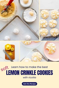 lemon crinkle cookies with icing and powdered sugar on the top are shown