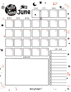 a printable calendar with the words hello june on it