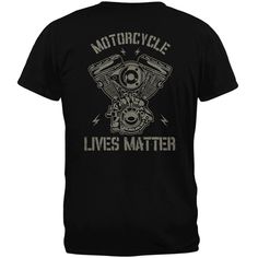 a black t - shirt with an image of a motorcycle engine and the words motor cycle lives