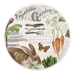 a plate with an image of a rabbit and carrots on it, surrounded by garden related items