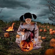 a creepy doll sitting on top of a pumpkin field