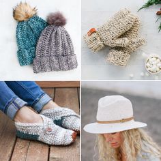 four different knitted hats and mittens are featured in this collage, including one woman's feet wearing slippers