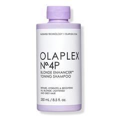 No.4P Blonde Hair Hydrating & Brightening Purple Toning Shampoo - 4P BLONDE ENHANCING TONER SHAM 8.5FLOZBenefitsStrengthens, hydrates and neutralizes brassinessSuited for all blonde, lightened and grey hairContains OLAPLEX patented bond building technology that rebuilds broken and weakened bondsFor All Hair TypesPH BalancedOLAPLEX products are thoroughly tested in accordance with industry standards in-house and by independent third-party laboratories for safety and efficacyResearch ResultsScient Olaplex Blonde, Olaplex Shampoo, Violet Shampoo, Grey Curly Hair, Silver Shampoo, Toning Shampoo, Hair Solutions, Best Shampoos, Purple Shampoo