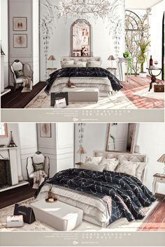 there are two pictures of a bedroom with white walls and furniture in the same room