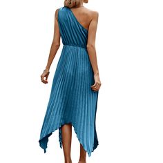 Lake Blue One Shoulder Irregular Pleat Casual Dress Spring Blue High-low Hem Maxi Dress, Blue High-low Hem Dress For Spring, Blue Spring Dress With High-low Hem, Spring Blue Dress With High-low Hem, Blue High-low Hem Midi Dress For Spring, Blue Midi Dress With High-low Hem For Spring, Blue Asymmetrical Dress With Asymmetrical Hem For Summer, Blue One Shoulder Midi Dress For Spring, Blue One Shoulder Dress For Spring Vacation