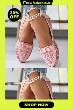 Elegant Applique Bowknot Decor Wedding Bridal Shoes Lace Split Joint Ballet Flats Elegant Slip-on Wedding Shoes For Spring, Chic Spring Wedding Flats, Summer Wedding Party Slip-on Shoes, Summer Party Slip-on Wedding Shoes, Elegant Pink Flats For Summer, Elegant Pink Summer Flats, Spring Wedding Slip-on Flats, Spring Wedding Slip-on Shoes, Elegant Pink Flats For Party