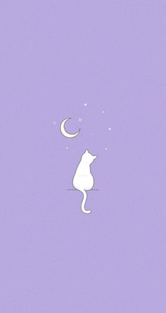 a white cat sitting on top of a purple floor next to a moon and stars