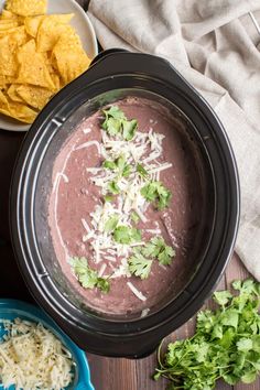 a bowl of salsa with tortilla chips and cilantro on the side