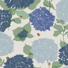 blue and green flowers with ladybugs in the middle on a white wallpaper