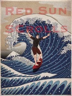 a man riding a surfboard on top of a wave in front of a red sun sign