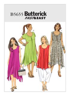 three women's dresses and one woman's purse are shown in this sewing pattern