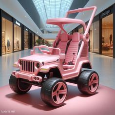 a pink jeep is parked in the middle of a mall