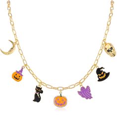 PRICES MAY VARY. 🎃Intricate Halloween-Themed Charms🎃: This Halloween Charm Necklace is a delightful blend of festive symbols, perfect for the Halloween season. The Halloween charm necklace features a variety of detailed charms, including a golden crescent moon, a whimsical purple pumpkin lantern with a hat, a mischievous black cat, a classic pumpkin lantern surrounded by a circle of sparkling white stones, a playful purple ghost, a ghost wearing a black hat, and a spooky skull. Each charm is c Gothic Necklaces For Halloween Costume Party, Gothic Halloween Necklace With Lobster Clasp, Spooky Halloween Party Jewelry, Spooky Halloween Jewelry For Costume Party, Spooky Halloween Costume Party Jewelry, Halloween Themed Jewelry For Costume Party, Themed Jewelry For Halloween Costume Party, Vampire Style Halloween Necklace, Novelty Halloween Party Necklaces