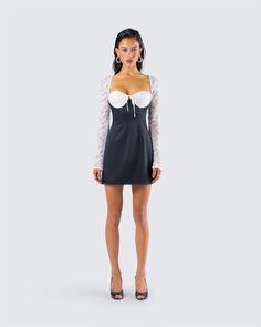 Nothing beats a classy little noir and blanc moment 😌 Made from lace and satin fabric, this color block dress is complete with a picot edge trim and a lace bust & sleeves for a look that will cause everyone in the room to swoon over you 🖤 Party Mini Dress With Lace Sleeves And Sweetheart Neckline, Party Mini Dress With Sweetheart Neckline And Lace Sleeves, Party Corset Dress With Lace Sleeves, Party Lace Corset Dress With Lace Sleeves, Satin Dresses With Lace Sleeves, Fitted Contrast Lace Dress For Date Night, Fitted Corset Dress With Lace Patchwork For Night Out, Lace Trim Corset Dress For Date Night, Fitted Lace Dress With Contrast Lace For Date Night