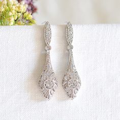 Bridal Earrings, Crystal Wedding Earrings, Art Deco Dangle Drop Earrings, Vintage Style Wedding Bridal Jewelry, Rose Gold Earrings, REGINA by GlamorousBijoux on Etsy https://www.etsy.com/listing/578725360/bridal-earrings-crystal-wedding-earrings Elegant Drop Diamond Earrings For Wedding, Wedding Dangle Diamond Earrings, Silver Drop Earrings For Wedding Reception, Wedding Bridal Earrings In White Gold For Pierced Ears, White Gold Bridal Earrings For Wedding, Silver Diamond Earrings With Intricate Design For Wedding, Classic Pierced Chandelier Earrings For Wedding, Classic Wedding Chandelier Earrings, Pierced, Ornate Dangle Bridal Earrings For Anniversary