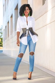 Peplum Belt Outfit, Peplum Belt, Tattered Jeans, Boyfriend Shirts, Style Pantry, Jeans Ideas, Fashion Belts, Please Come Back, Boyfriend Shirt