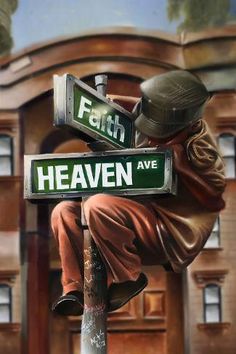 a painting of a man sitting on top of a street sign that reads heaven ave