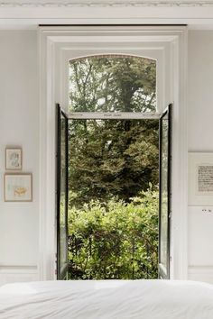 a bedroom with an open window overlooking the trees and shrubbery in front of it