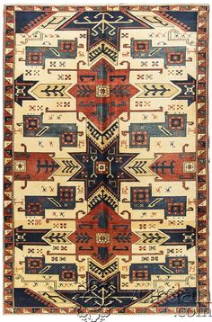 an old rug with many different colors and designs on it's sides, including the center