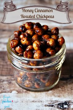 honey cinnamon roasted chickpeas in a glass jar