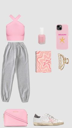 the contents of a woman's pink and grey outfit including sneakers, phone case, wallet