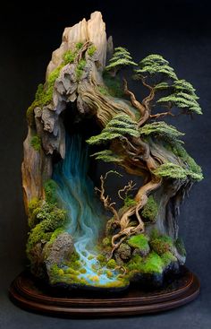 a bonsai tree with water flowing out of it