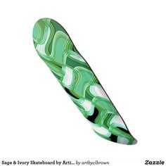 a green and white surfboard sitting on top of a white background with the words sage & very skateboard art by eric brown