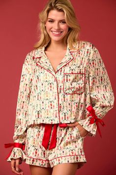 Ribbon Pocket Short Only Luxurious Pajamas, Sorority Dresses, Christmas Toy Soldiers, Twas The Night Before Christmas, Satin Pj Set, Shirt Collar Styles, Satin Pajama, Cuffed Top, Christmas Pajama Set