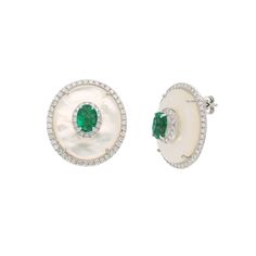 Designer Mother Of Pearl Gemstone Earring 18k White Gold Natural Diamond Stud Earring / Dainty Emerald Post Earring For Wedding Anniversary STONE DETAILS : ❋ Stone : Emerald, Mother Of Pearl & Diamond   ❋ Stone Size : 5x7 MM / 18x21 MM Approx. (± 0.20 MM) ❋ Stone Shape : Oval Cut ❋ Stone Color : As Shown In Picture ❋ Color Stone Weight : 22.19 Cts. Approx. ❋ Diamond Weight : 1.49 Cts. Approx. ❋ Diamond Quality : FG-SI ❋ Stone / Diamond Type : Natural METAL DETAILS : ❋ Metal Purity : Solid 18K Go Multi-stone White Gold Earrings For Formal Occasions, Luxury Multi-stone Diamond Earrings, Luxury Multi-stone White Gold Earrings, Luxury Multi-stone Diamond Earrings For Anniversary, Luxury White Gold Multi-stone Earrings, Formal Multi-stone Fine Jewelry Earrings, Luxury Multi-stone Wedding Earrings, Luxury Hallmarked Oval Diamond Earrings, Luxury Multi-stone Earrings For Wedding