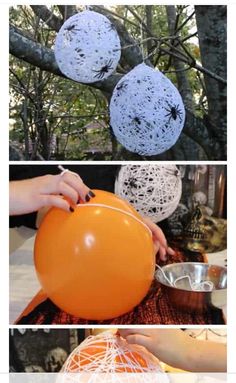 three pictures with different types of balloons in the shape of balls, and one has yarn on it