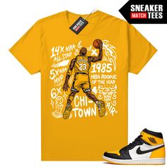 "Taxi 1's Jordan matching shirt by Sneaker Match Tees brand. Official Sneaker Match Tees shirt designed to match the Jordan 1 \"Taxi\" retro sneakers. *Sneakers are for matching purposes only, NOT included in the sale* True to size Men's shirt 100% Soft Cotton Regular Fit" Varsity Style Graphic Print Top For Streetwear, Urban Yellow Sports Tops, Retro T-shirt For Sports Season Streetwear, Retro Streetwear T-shirt For Sports Season, Yellow Sporty Tops For Streetwear, Sporty Yellow Tops For Streetwear, Throwback Graphic Print Tops For Streetwear, Throwback Cotton Top For Streetwear, Fitted Yellow T-shirt For Streetwear