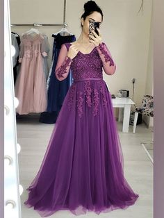 Silhouette:?A Line Waist: Natural Sleeve Length:?Long Sleeves Fabric:?Lace, Tulle Shown Color: Purple Built-In Bra: Yes Formal Dresses Purple, 2022 Bridesmaid Dresses, Prom Dresses Purple, Mode Purple, 2022 Prom Dresses, Wedding Dresses 2022, Purple Evening Dress, Prom Dresses 2022, Formal Prom Dresses Long