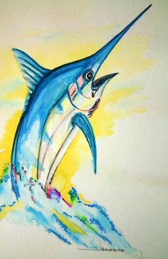 a drawing of a blue marlin fish jumping out of the water